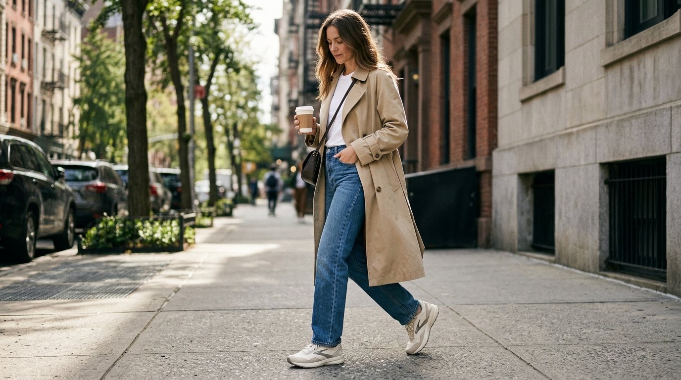 A woman standing outdoors wearing jeans, a trench coat, and neutral running shoes.