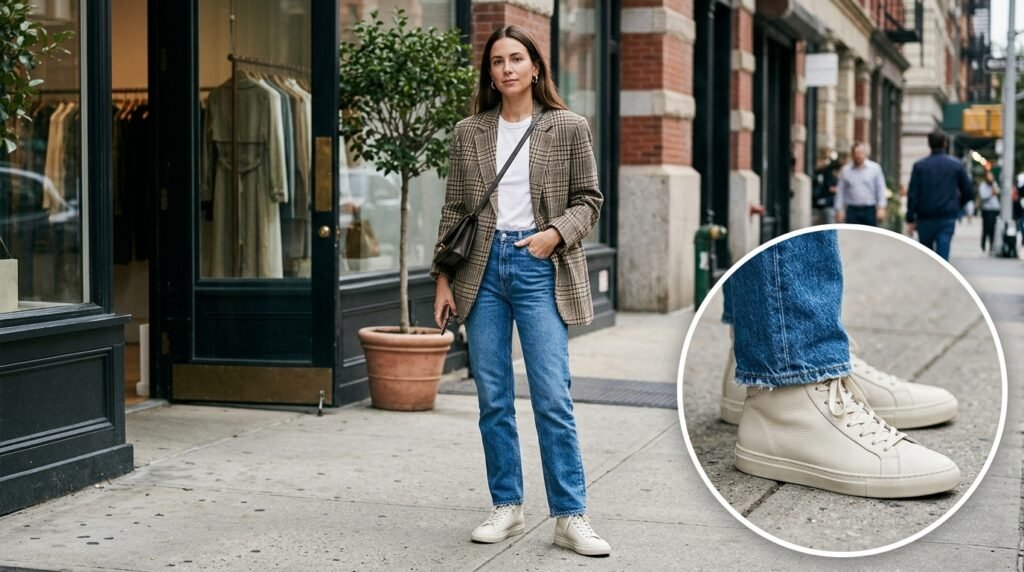 A woman standing outdoors wearing straight-leg jeans, a white tee, a plaid blazer, and high top sneakers.