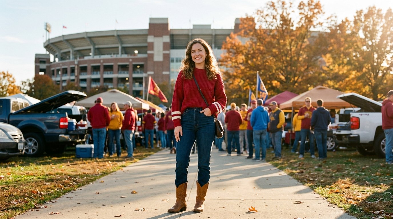 A woman smiling outside a football stadium wearing a sweater, jeans, and tan leather cowboy boots.