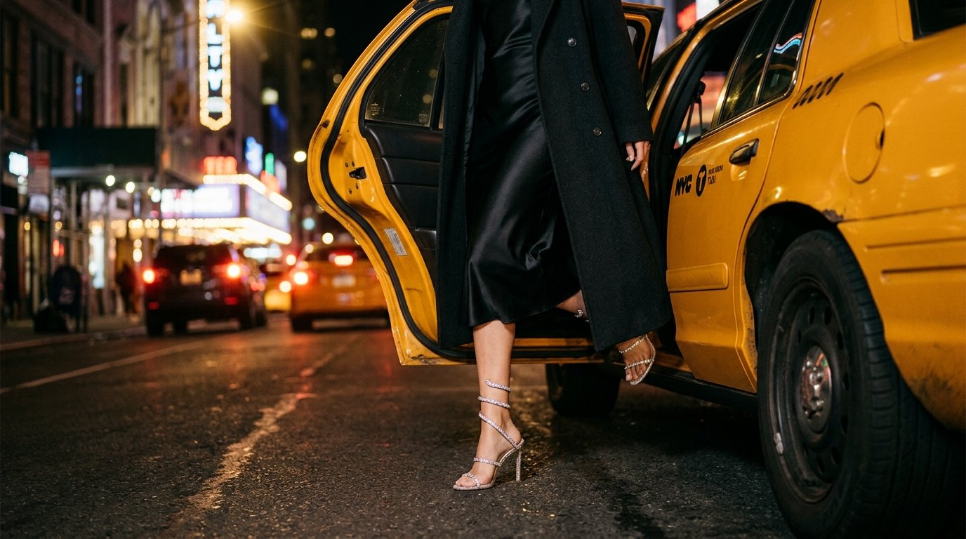 Model wearing a black dress and crystal-embellished **René Caovilla heels** on a city street.