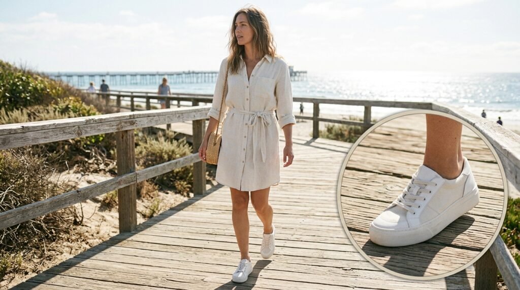 A woman walking on a boardwalk wearing a linen shirt dress and platform white sneakers.