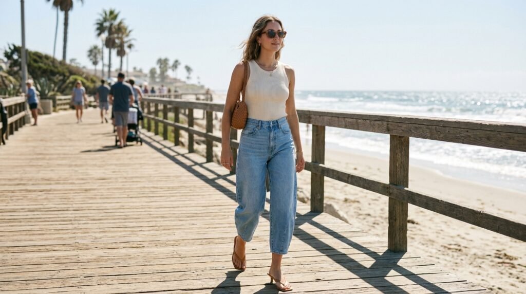 A woman walking on a boardwalk wearing cropped barrel jeans, a knit tank, and heeled sandals.