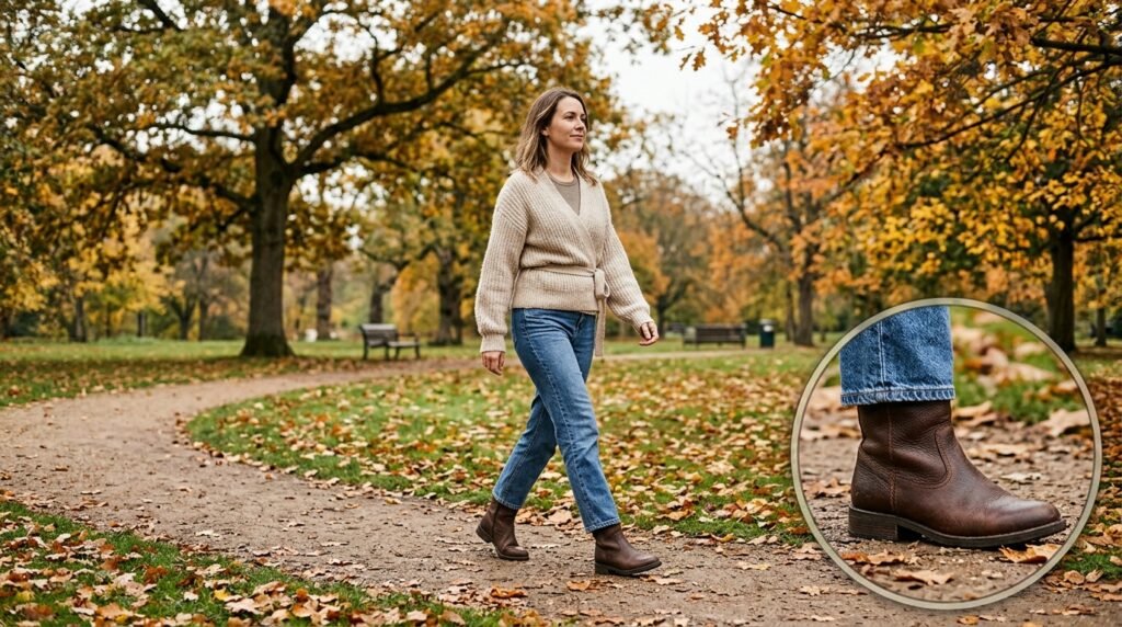 A woman walking in a park wearing a wrap cardigan, jeans, and mid-height leather boots.
