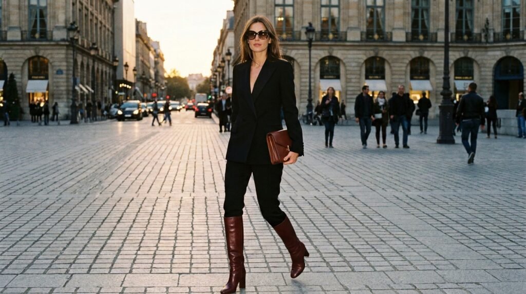 Tailored black blazer outfit with trousers anchored by sleek oxblood knee-high boots.
