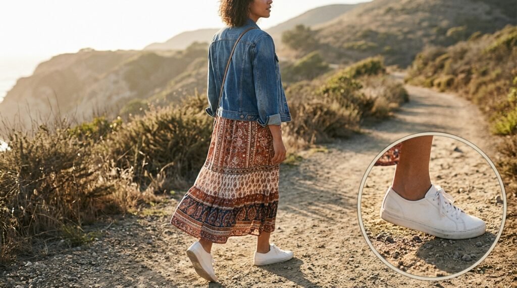 A woman walking outdoors wearing a boho maxi dress, a denim jacket, and white sneakers.