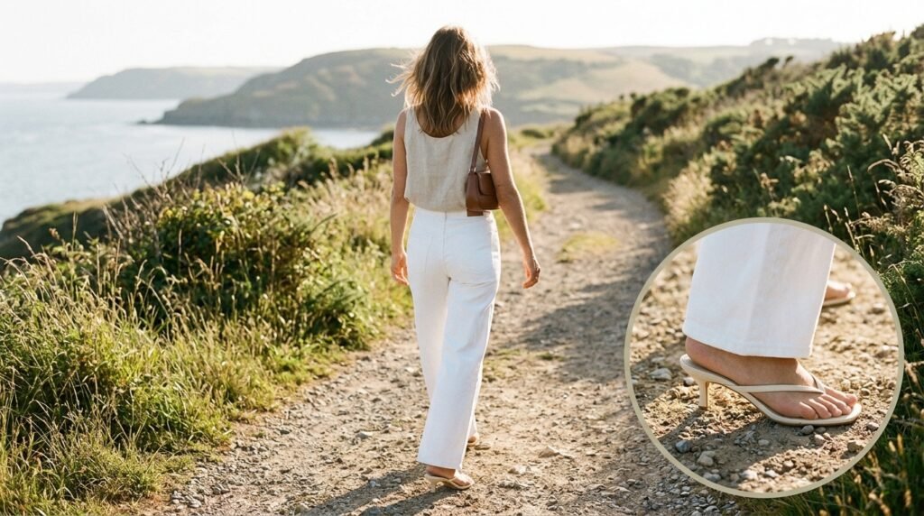 A woman walking outdoors wearing white wide-leg jeans, a linen tank, and heeled sandals.