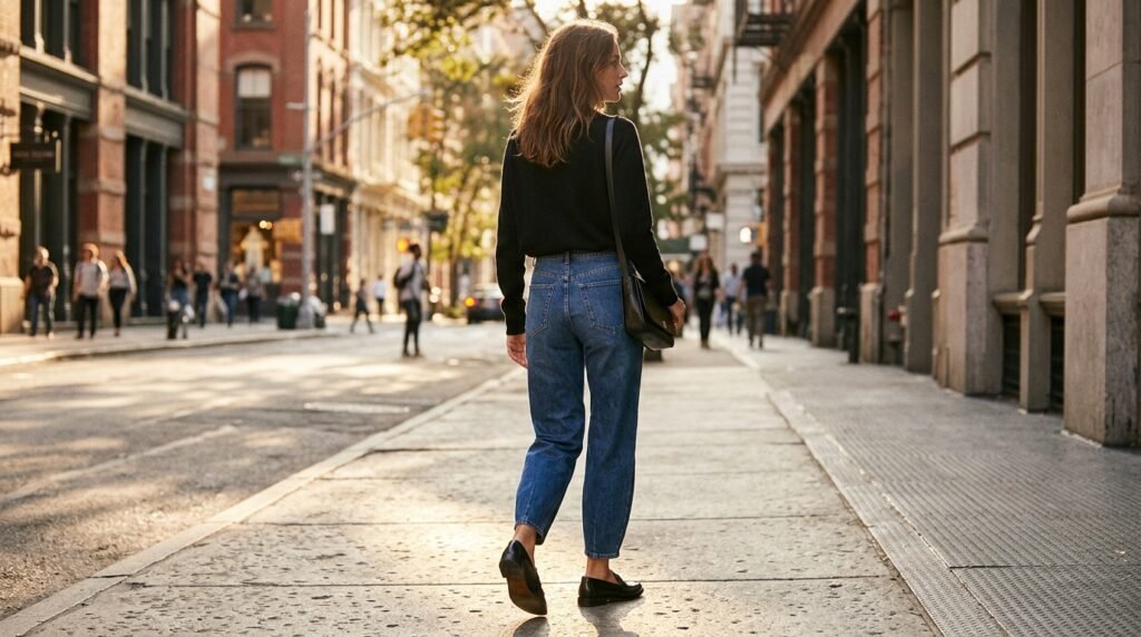 A woman walking outdoors wearing barrel jeans, a black sweater, and polished leather loafers.
