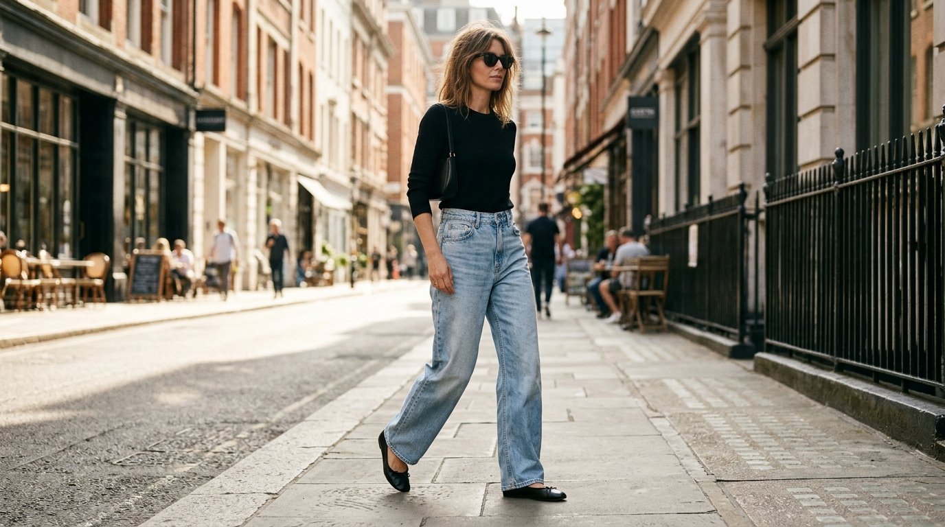 A woman walking outdoors wearing light-wash wide-leg jeans, a black top, and leather ballet flats.