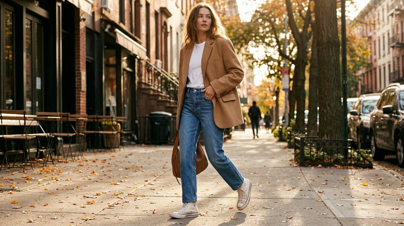 A woman walking outdoors wearing straight-leg jeans, a white t-shirt, a camel blazer, and white canvas high top sneakers.