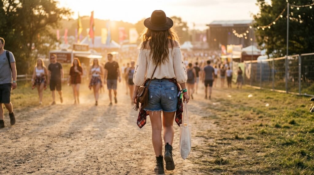 A woman walking outdoors on a pathway wearing shorts, a top, and practical walking boots.