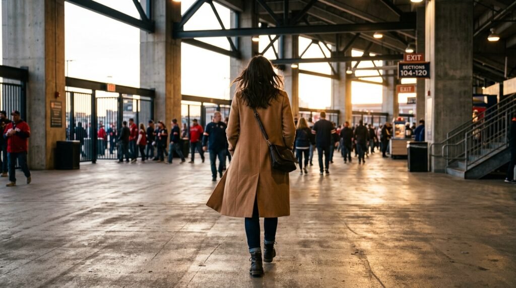 A woman walking in a stadium concourse wearing jeans, a camel coat, and comfortable boots.