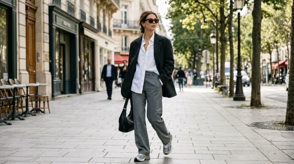 A woman walking outdoors wearing tailored trousers, an oversized blazer, and running sneakers.