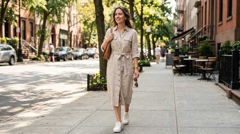 A woman walking outdoors wearing a linen shirt dress and white platform sneakers.