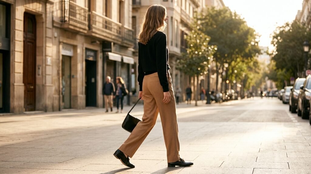 A woman walking outdoors wearing camel trousers, a sweater, and polished loafers.