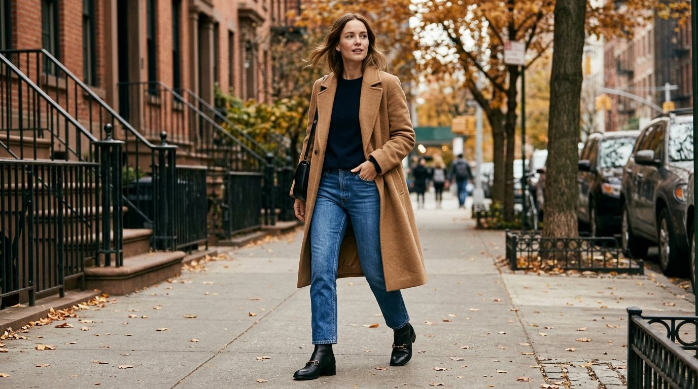 A woman walking outdoors wearing a camel coat, straight-leg jeans, and black leather Gucci ankle boots.