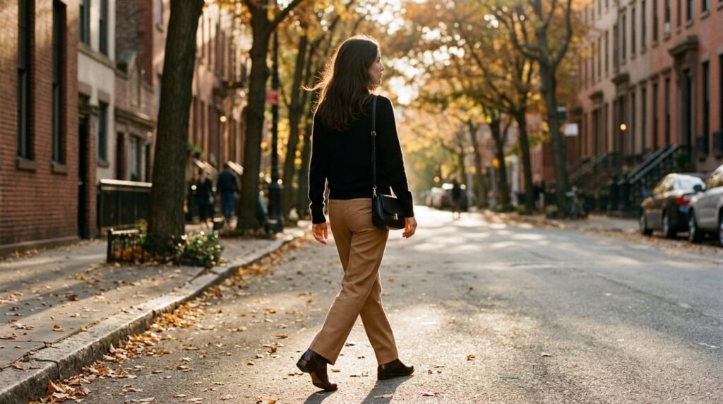 A woman walking outdoors wearing camel trousers, a sweater, and polished leather boots.
