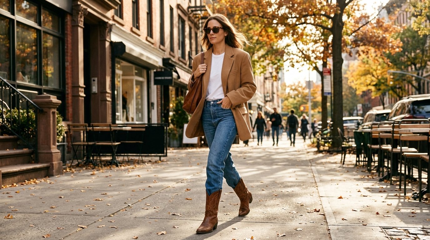 A woman walking outdoors wearing straight-leg jeans, a white t-shirt, a camel blazer, and brown cowgirl boots.