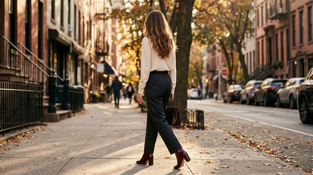 A woman walking outdoors wearing tailored trousers, a sweater, and polished burgundy boots.