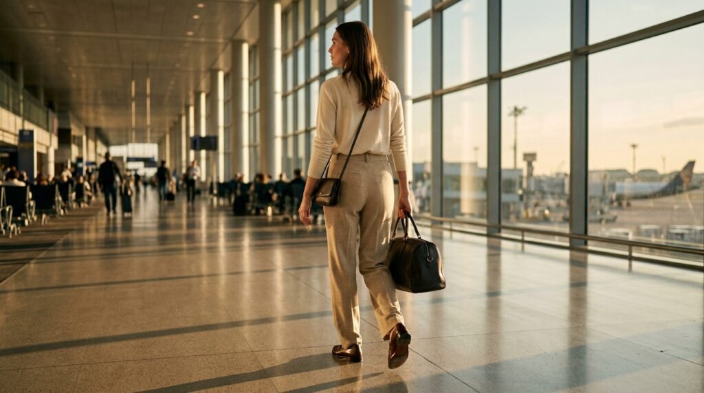 A woman walking in an airport terminal corridor wearing travel trousers, a sweater, and walking shoes.