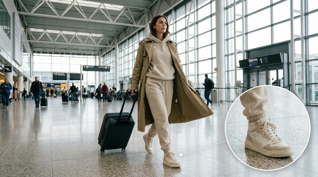 A woman walking in an airport wearing a fleece jogger set, hoodie, trench coat, and high top sneakers.