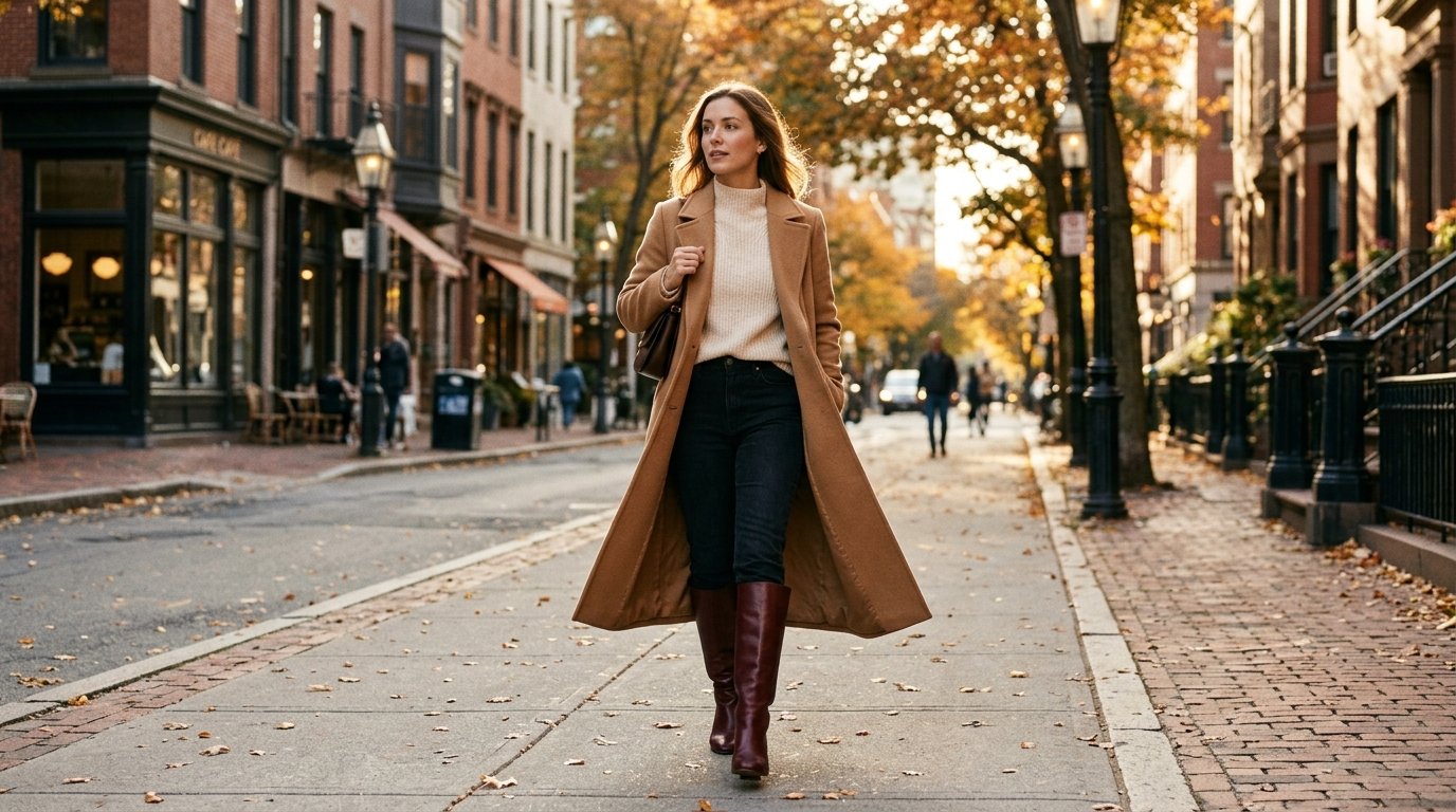 A woman walking outdoors wearing a camel coat, a cream sweater, jeans, and burgundy knee-high boots.
