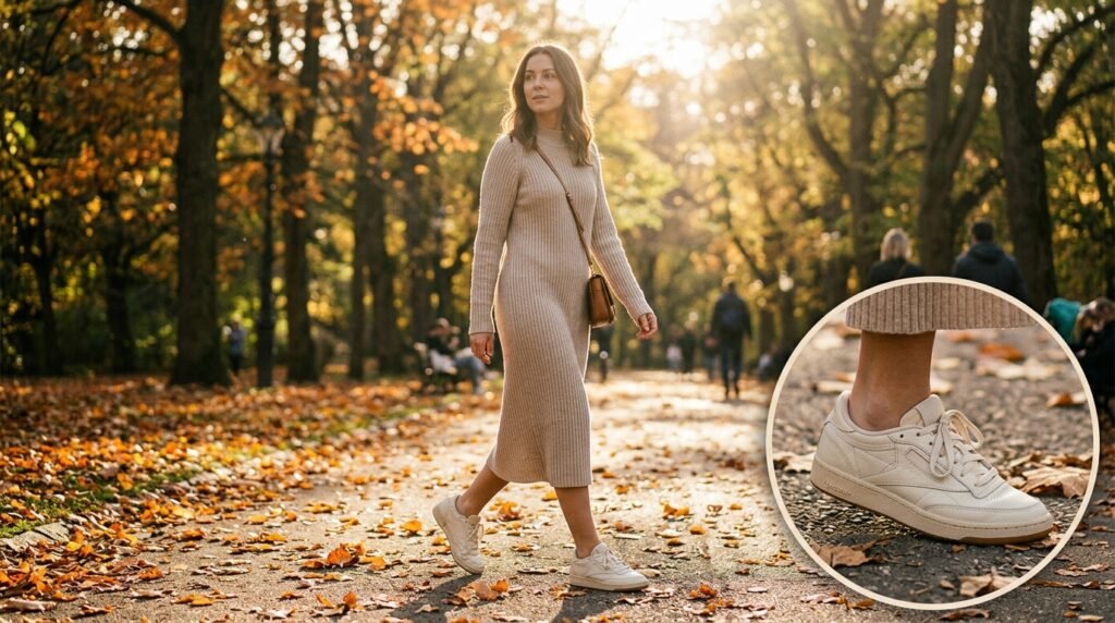 A woman walking outdoors wearing a knit sweater dress and retro leather sneakers.