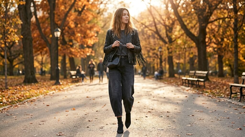 A woman walking outdoors wearing faded black barrel jeans, a leather jacket, and sock booties.