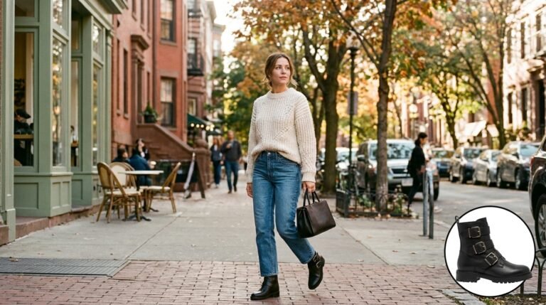 A stylish woman wearing a cream sweater, straight-leg jeans, and black leather buckle boots on an urban street.