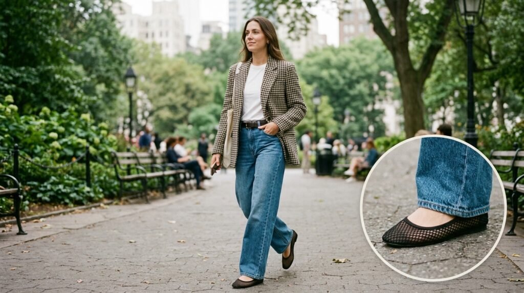 A woman walking outdoors wearing wide-leg jeans, a white tee, a blazer, and mesh ballet flats.
