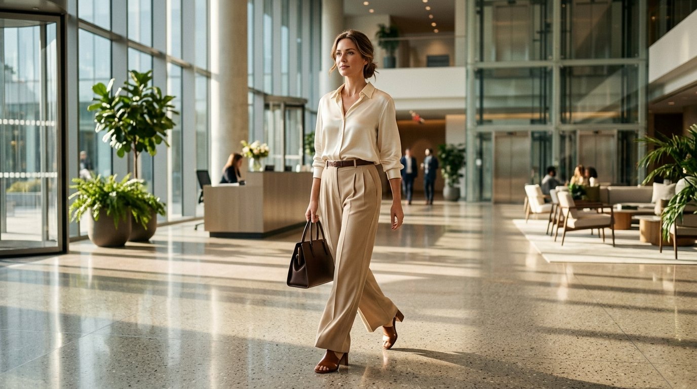 A professional woman walking in an office lobby wearing beige trousers and brown leather sandals.