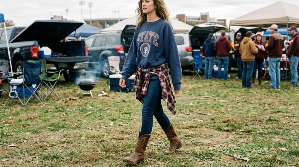 A woman walking on grass wearing cowboy boots, jeans, a flannel shirt, and a team sweatshirt.