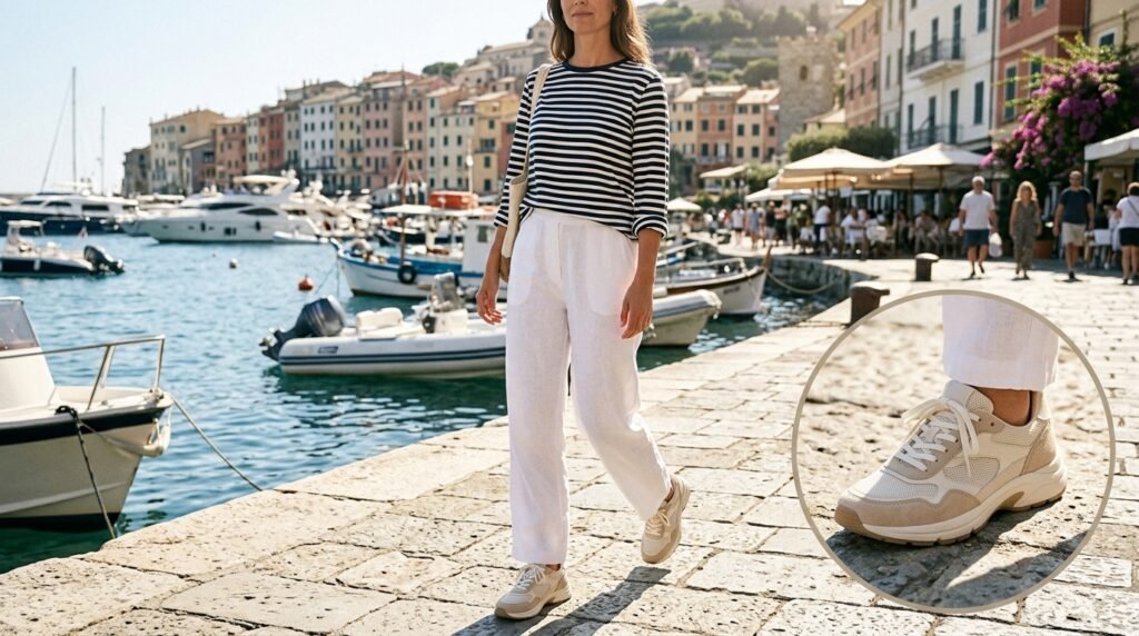 A woman walking by a harbor wearing linen trousers, a striped shirt, and neutral sneakers.