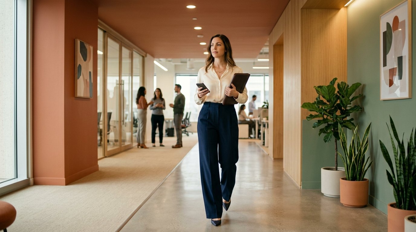 A professional woman wearing navy wide-leg trousers and pointed-toe pumps in an office hallway.