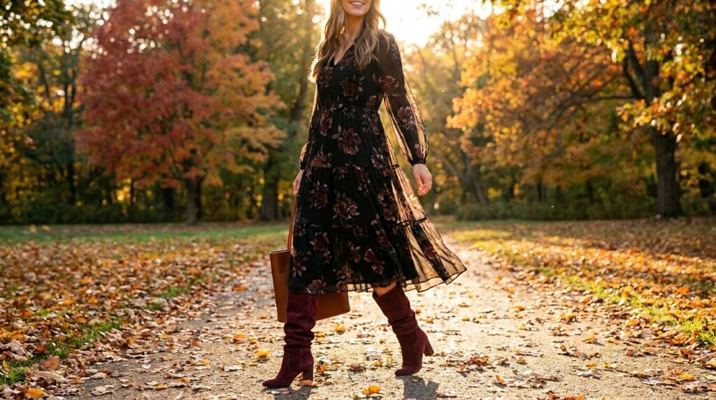 Dark floral chiffon midi dress paired with slouchy burgundy suede knee-high boots.
