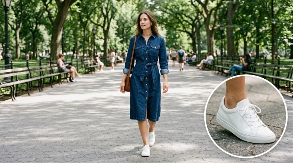 A woman walking in a park wearing a denim shirt dress and white leather sneakers.