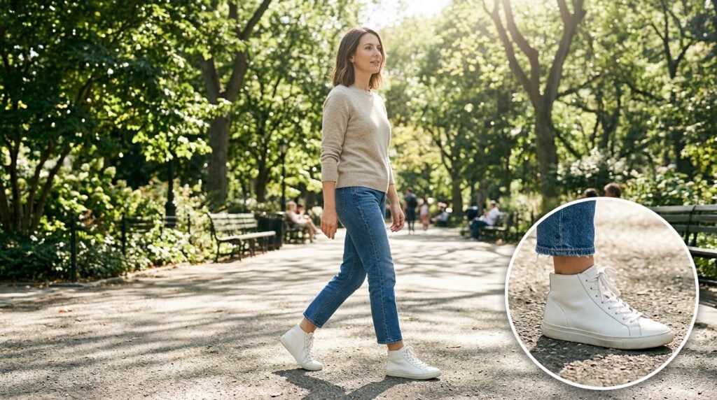 A woman walking in a park wearing cropped ankle jeans, a knit sweater, and white high top sneakers.