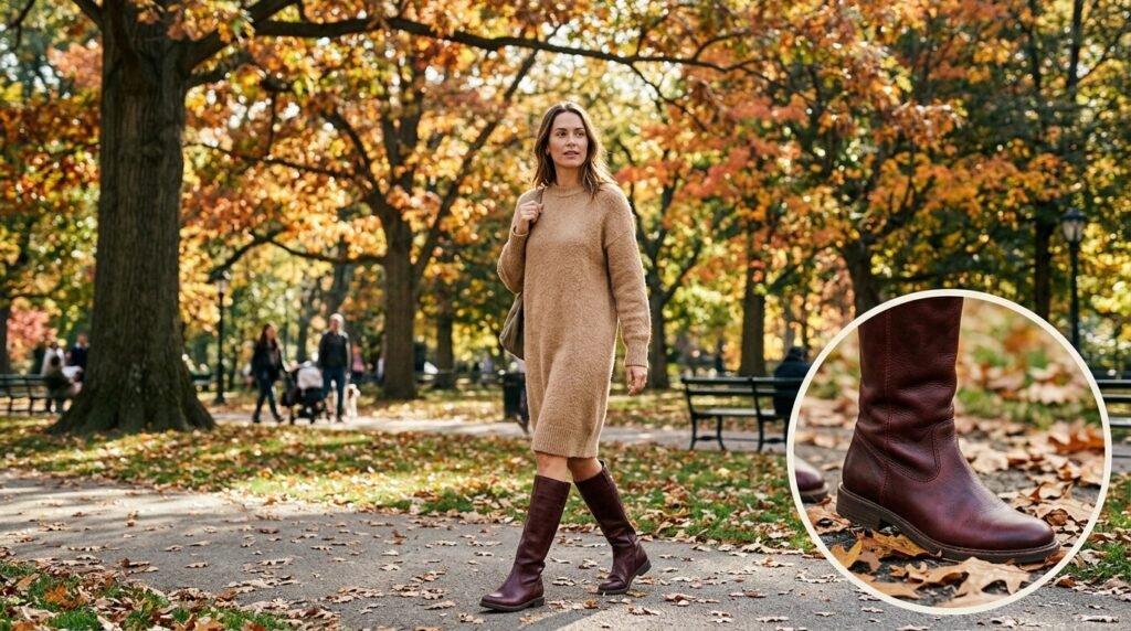 A woman walking in a park wearing a beige sweater dress and burgundy leather boots.
