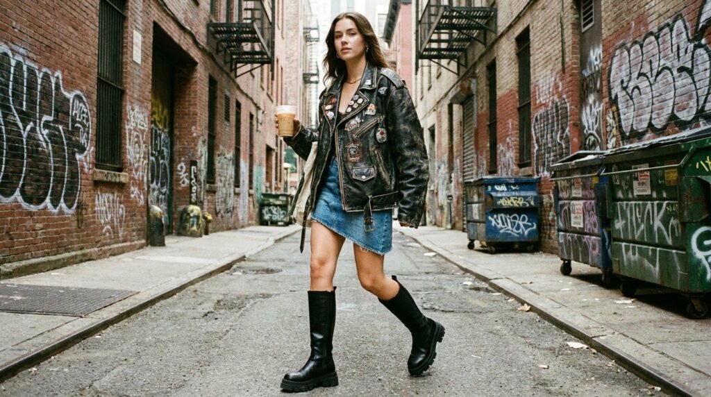 Woman wearing an oversized black leather jacket and chunky lug-sole knee-high boots.