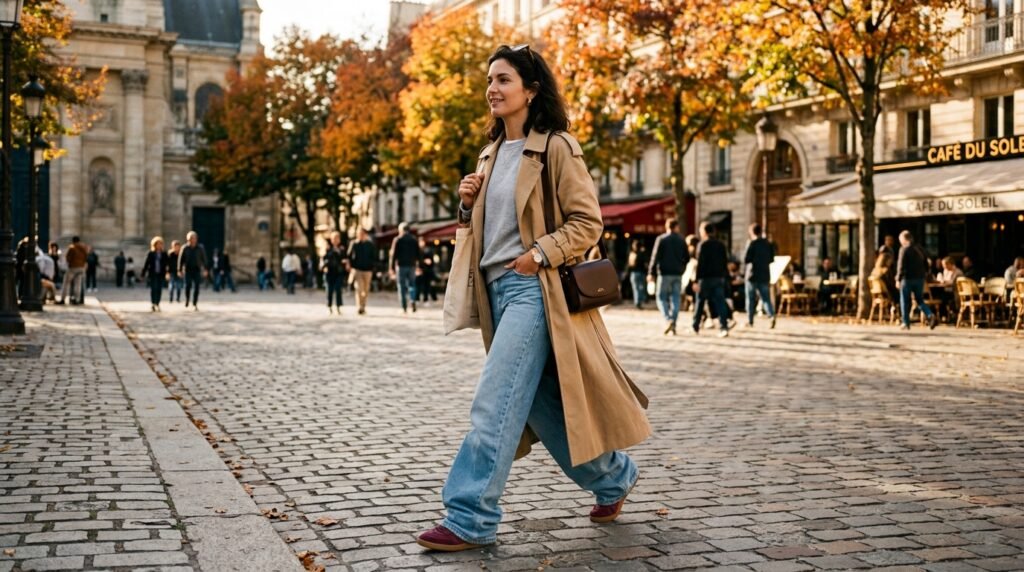 Woman wearing wide-leg jeans, a beige trench coat, and burgundy suede sneakers on a city street.