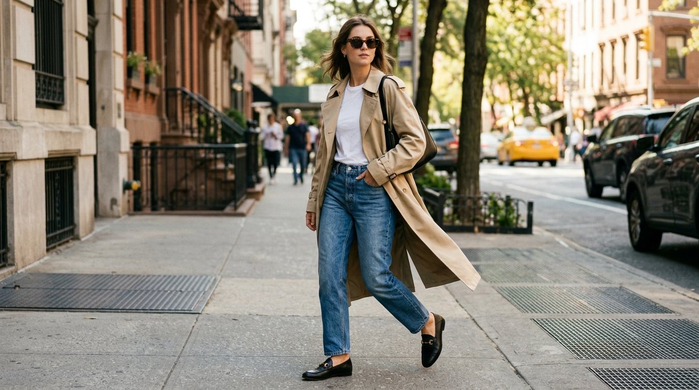 A woman walking outdoors wearing straight-leg jeans, a trench coat, and black leather Gucci horsebit loafers.