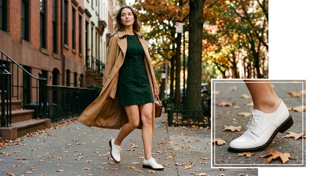 A woman walking outdoors wearing a corduroy mini dress, a trench coat, and white leather shoes.