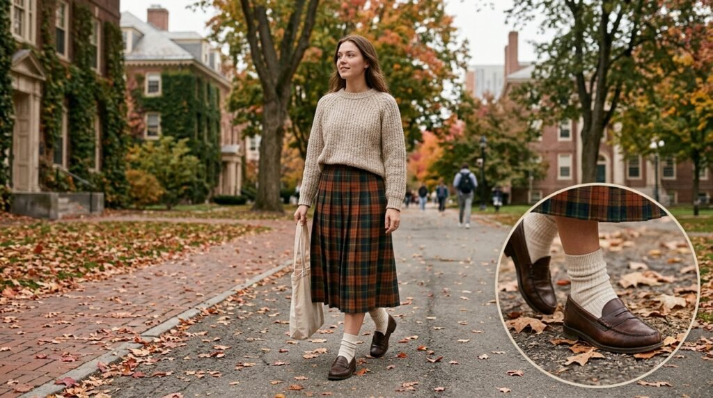 A woman walking outdoors wearing a plaid midi skirt, a knit sweater, socks, and leather loafers.