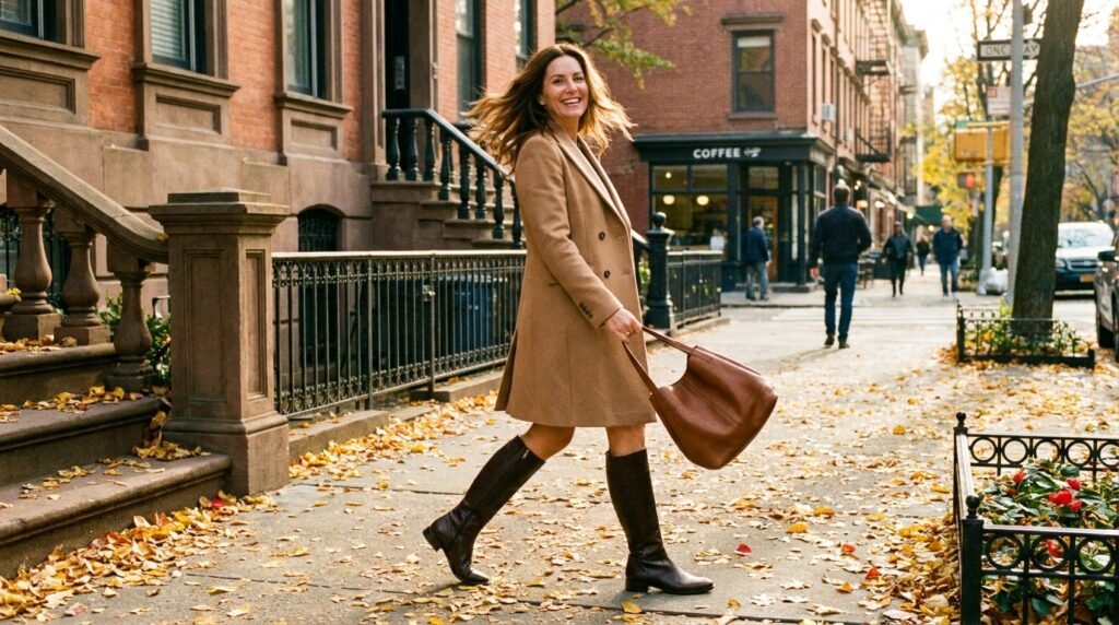 Confident woman wearing a tailored coat and knee-high boots walking outdoors in autumn.