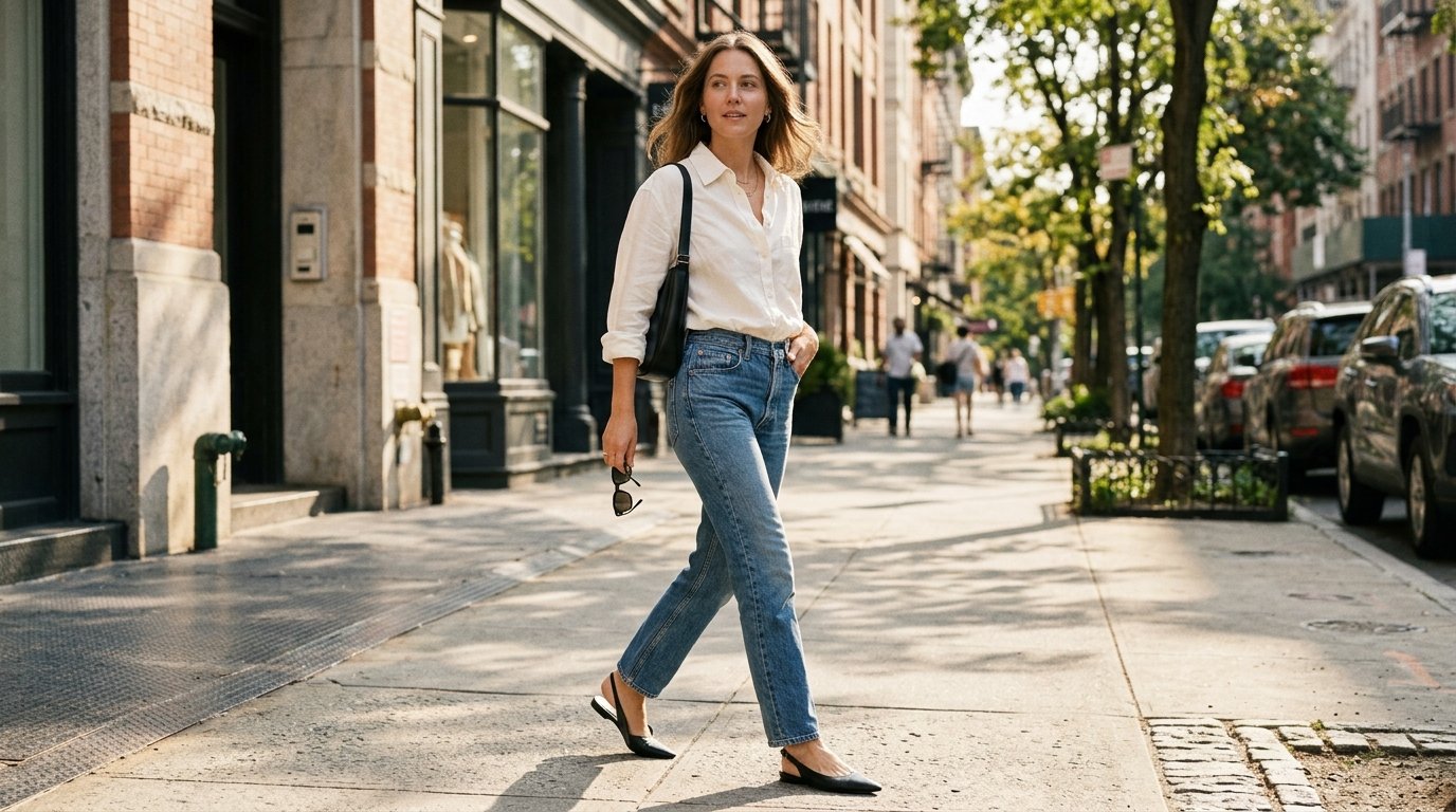 A woman wearing straight-leg jeans and a white shirt walks on a sidewalk in pointed-toe black slingback flats.