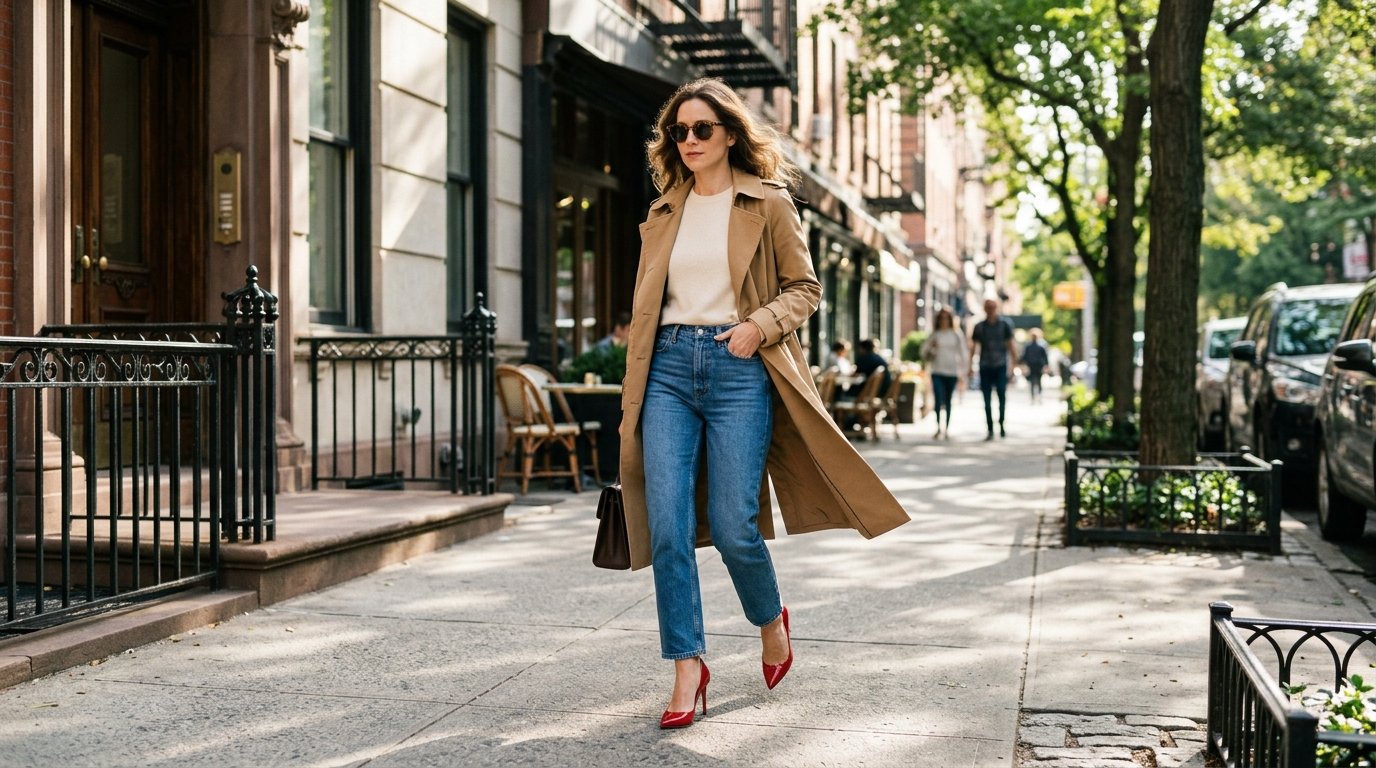 A woman walking outdoors wearing jeans, a camel trench coat, and patent red high heels.