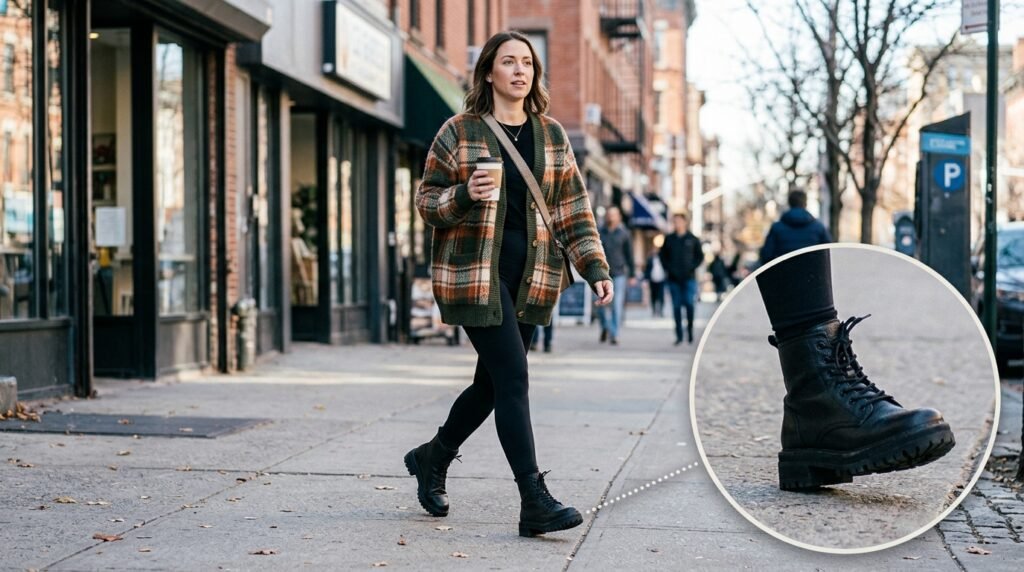 A woman walking outdoors wearing a plaid cardigan, black leggings, and lug-sole boots.