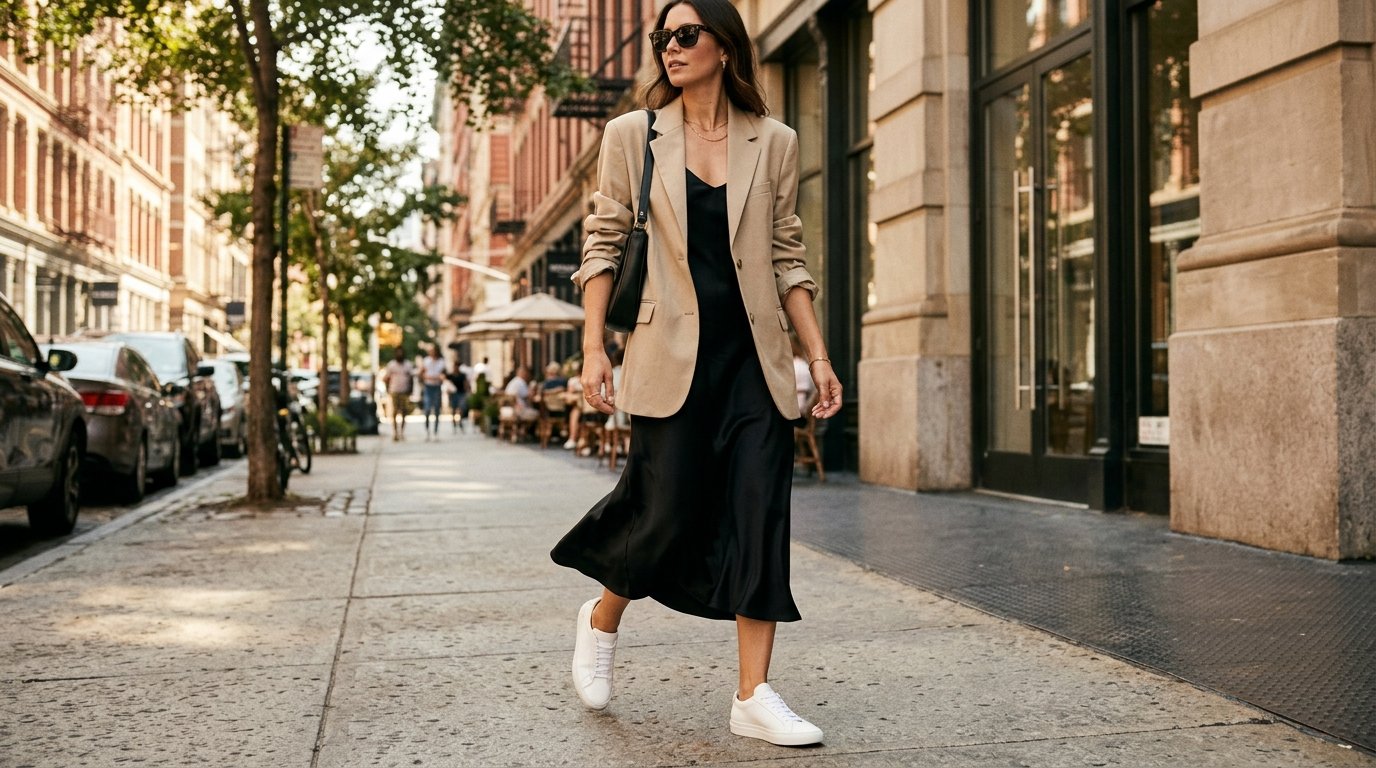 A woman walking outdoors wearing a black midi slip dress, a beige blazer, and white leather sneakers.