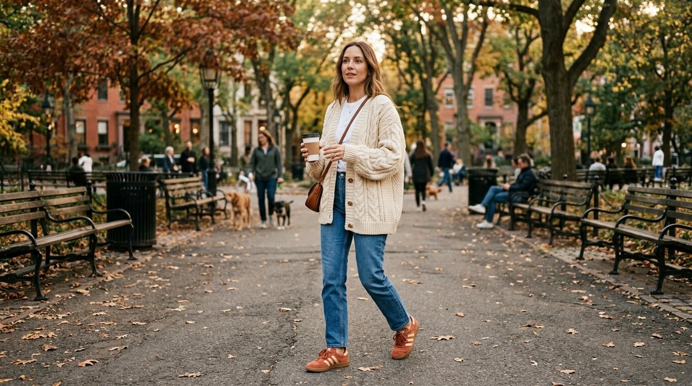 A stylish woman wearing an oversized cream cardigan and retro sneakers on an autumn park path.