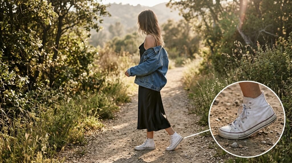 A woman walking outdoors wearing a black slip dress, a denim jacket, and white canvas high top sneakers.