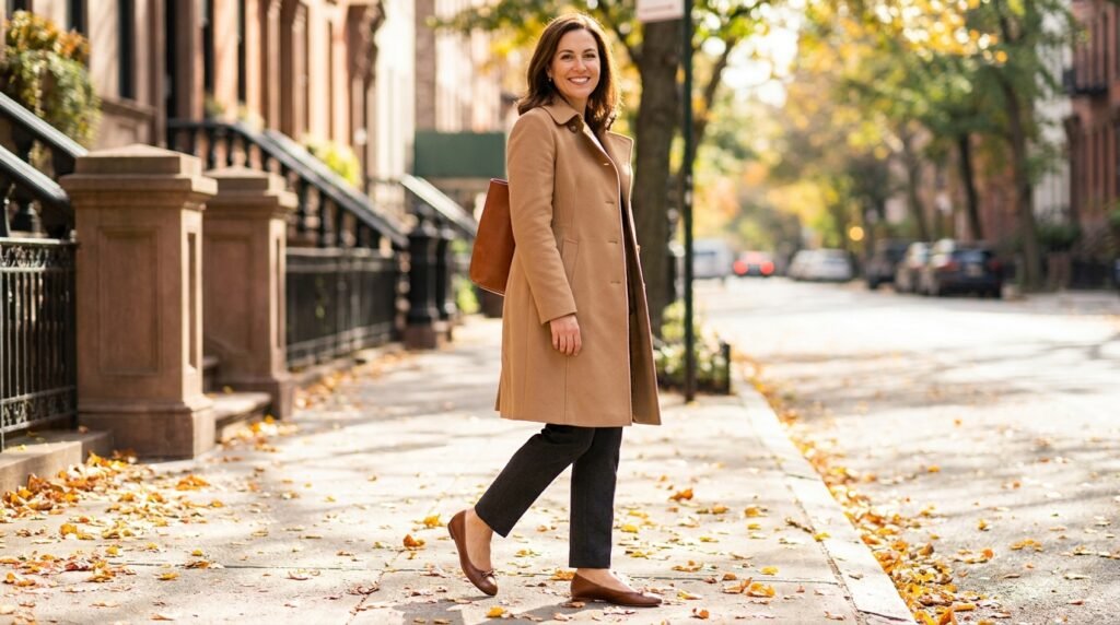 Confident woman wearing tailored trousers and ballet flats walking outdoors in the city.